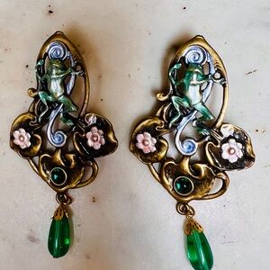 Vintage JJ Jonette Frog Crystal flower Earrings Art Nouveau